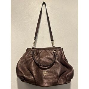 MCM Chocolate Brown Bronze Pebbled Leather Two-Way Hobo Bag